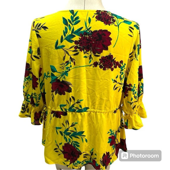 Evri Yellow Floral V Neck Drawstring Peplum Top with Bell Sleeves Size 0X - Picture 2 of 6